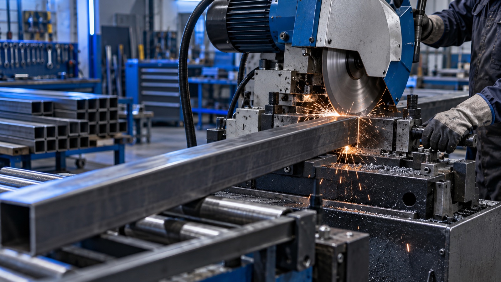 Sierra industrial realizando un corte preciso en un perfil de acero